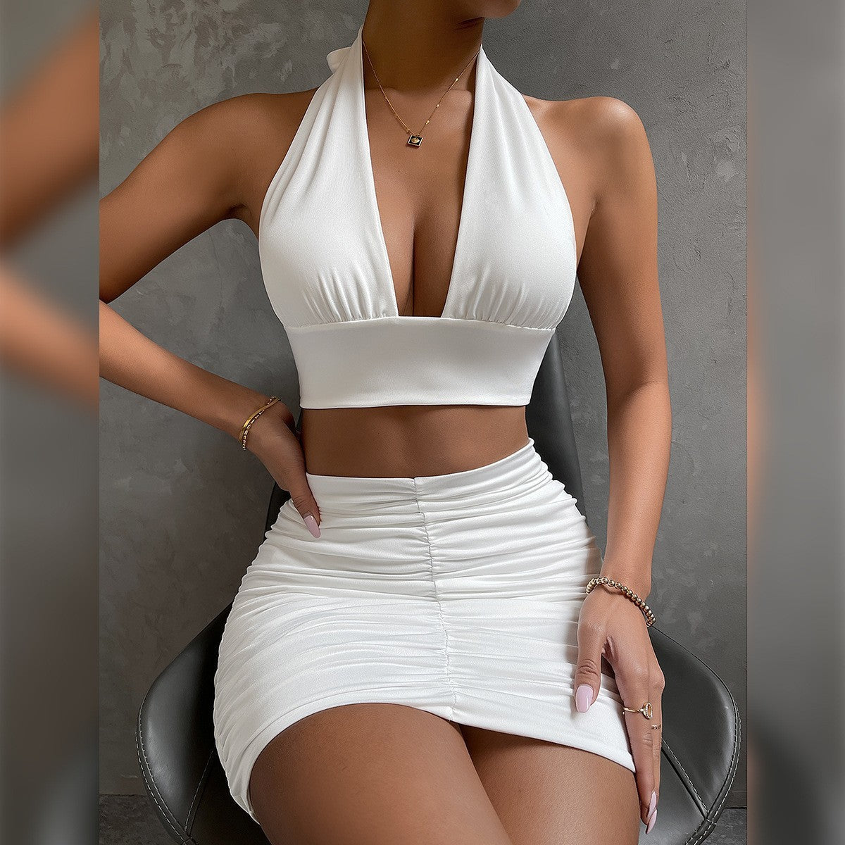 Women's Dress Suits | Halter Lace-Up Hip Top & Pleated Skirt Set