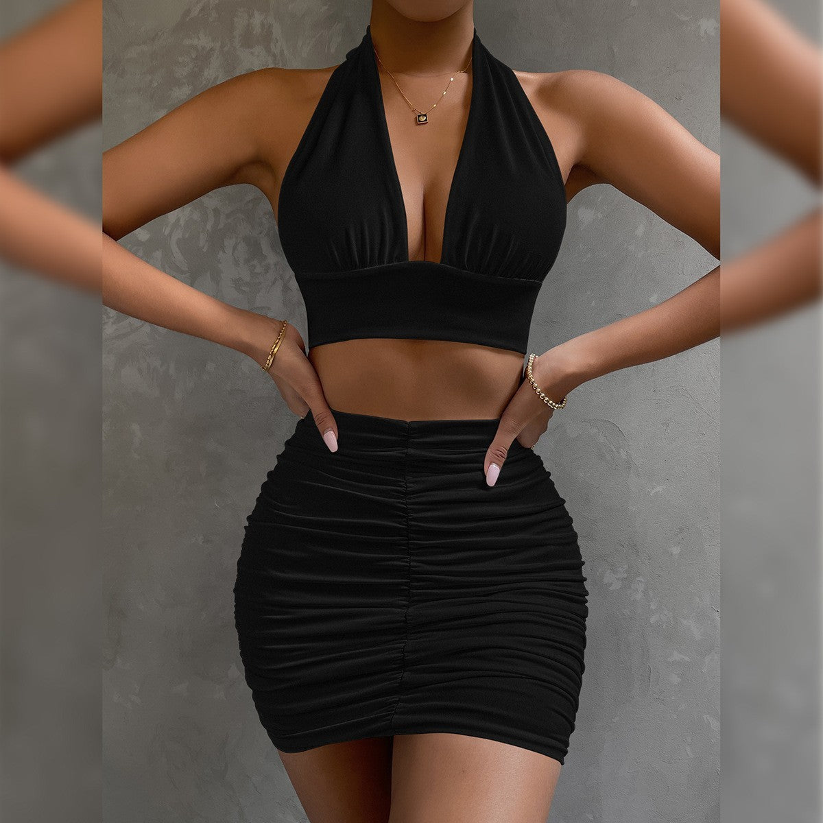 Women's Dress Suits | Halter Lace-Up Hip Top & Pleated Skirt Set