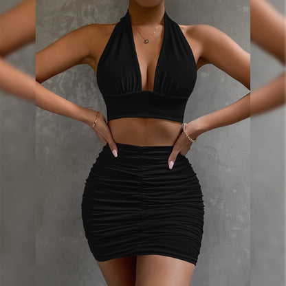 Women's Dress Suits | Halter Lace-Up Hip Top & Pleated Skirt Set