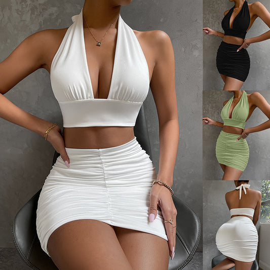 Women's Dress Suits | Halter Lace-Up Hip Top & Pleated Skirt Set